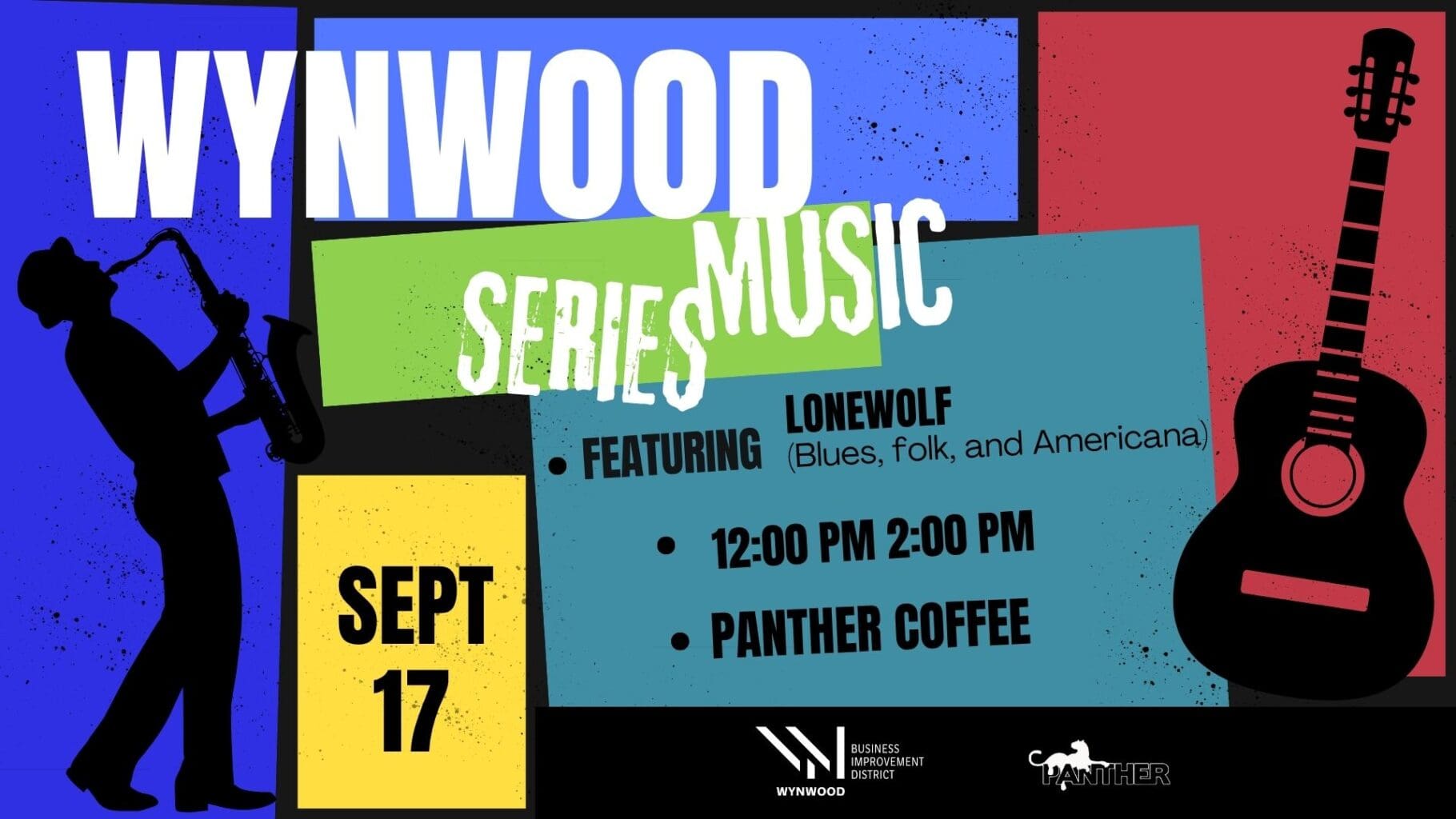Wynwood Music Series Banner with a man playing blues 