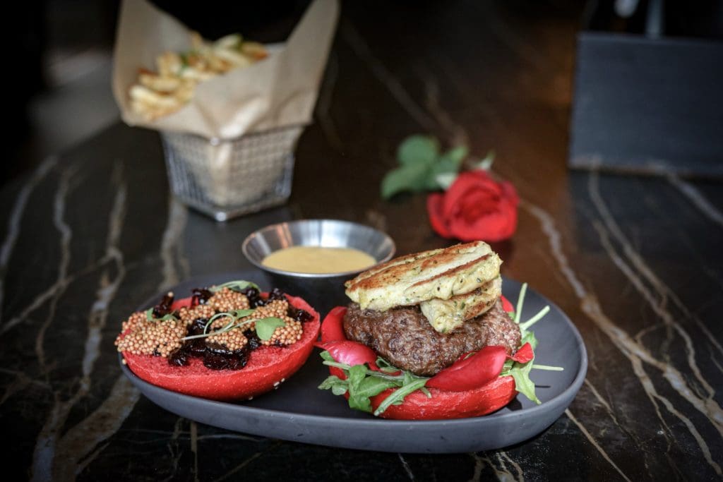 le chick valentine's day burger with red bun